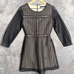 ECLAIR Womens Dress XS Black Lace Long Sleeve Fit Flare Geometric Pattern Lined